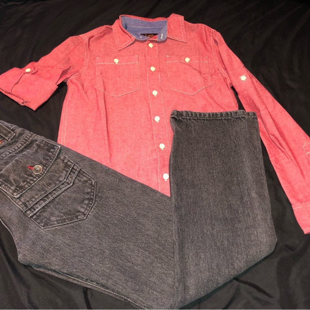 Boys Lee Red and Blue Button-Up Shirt with Black Tommy Hilfiger Jeans